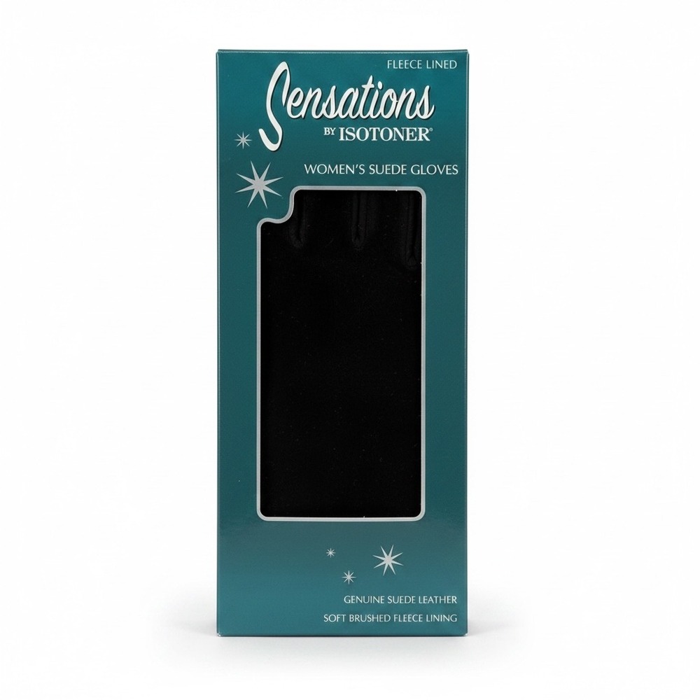 Sensations by Isotoner Women Black Genuine Suede Leather Fleece Lined Gloves NEW